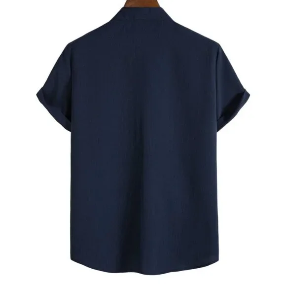 Navy Blue Preppy Mens Solid Button Up Shirt - Picture 2 of 4